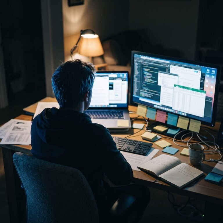 Man at computer, information overload